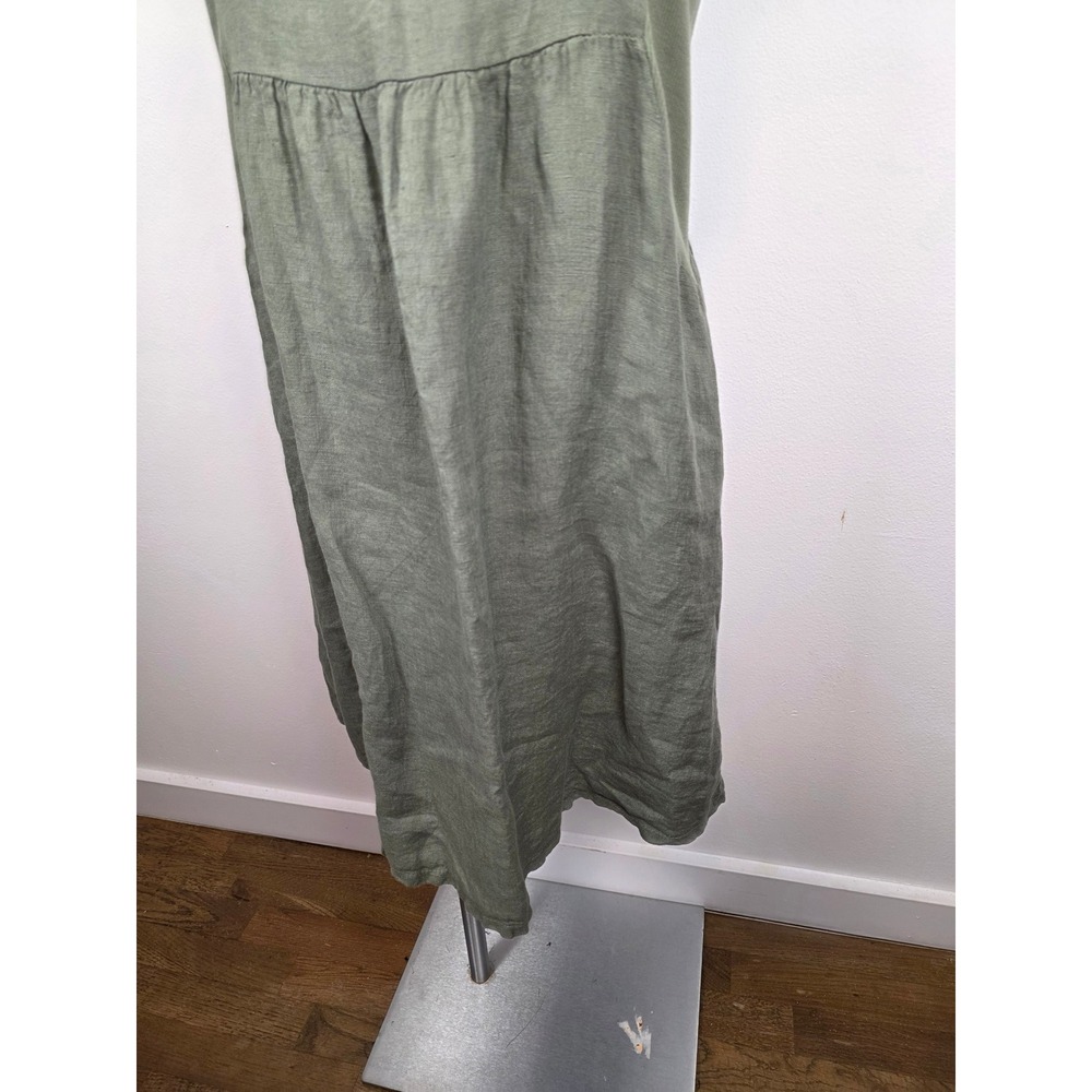 TERZO MILLENNIO Olive Green Linen V Neck Lace Trim Tiered Midi Dress Size L - Picture 4 of 8
